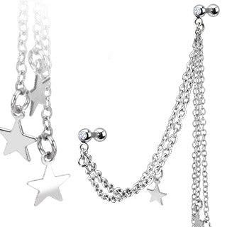 Surgical Steel Externally Threaded Gemmed Cartilage Barbell with Multi Chain with Stars