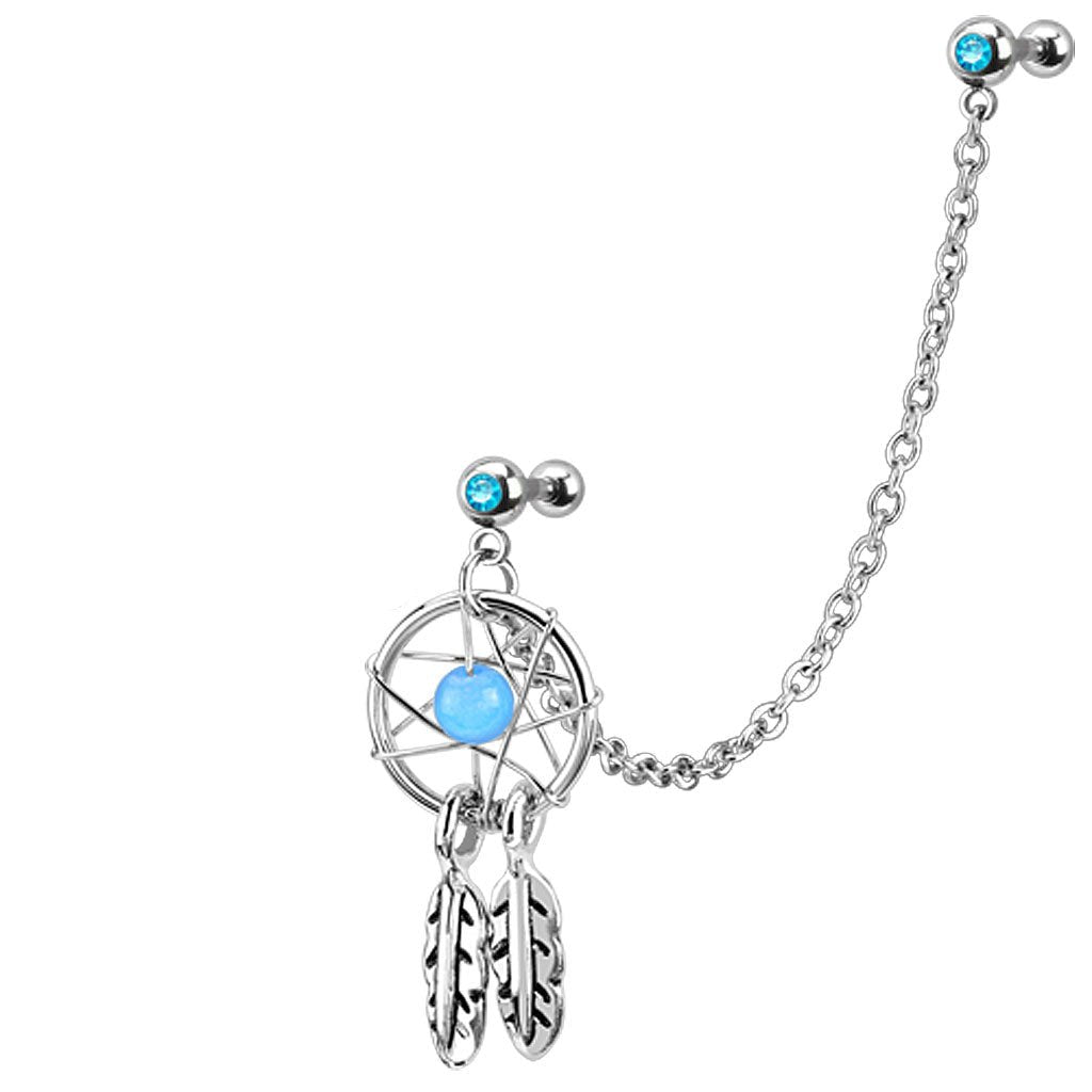 Surgical Steel Externally Threaded Gemmed Dreamcatcher Cartilage Barbell Stud with Chain