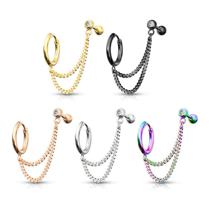 Surgical Steel Externally Threaded Double Chain Cartilage Barbell to Hoop Stud