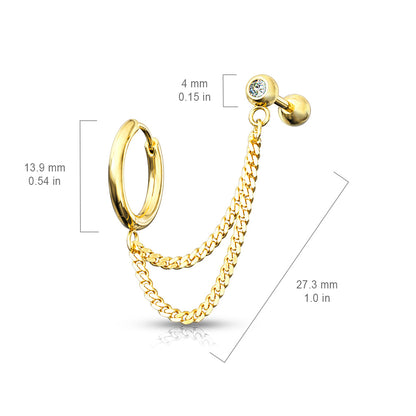 Surgical Steel Externally Threaded Double Chain Cartilage Barbell to Hoop Stud