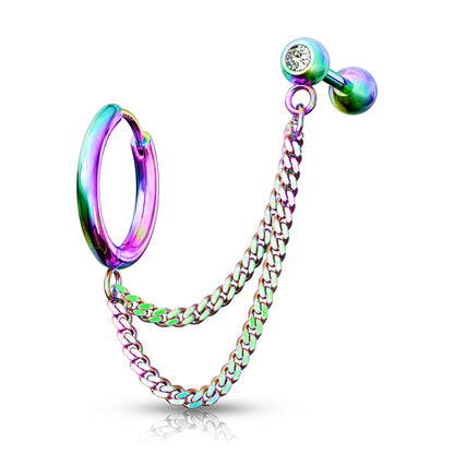 Surgical Steel Externally Threaded Double Chain Cartilage Barbell to Hoop Stud