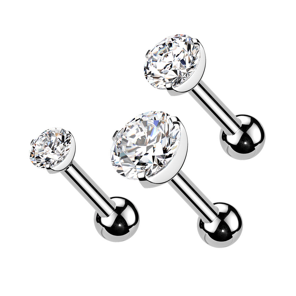 Surgical Steel Externally Threaded Cartilage Barbell w/ Clear Round Top - 3pc Set