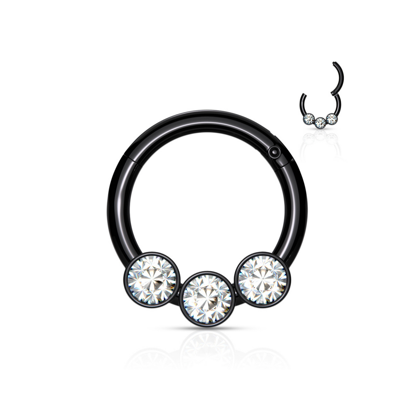 Surgical Steel Hinged Ring with Front Facing Prong Clasp 3 Gems