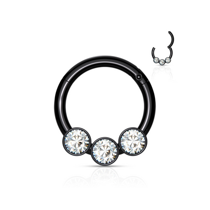 Surgical Steel Hinged Ring with Front Facing Prong Clasp 3 Gems