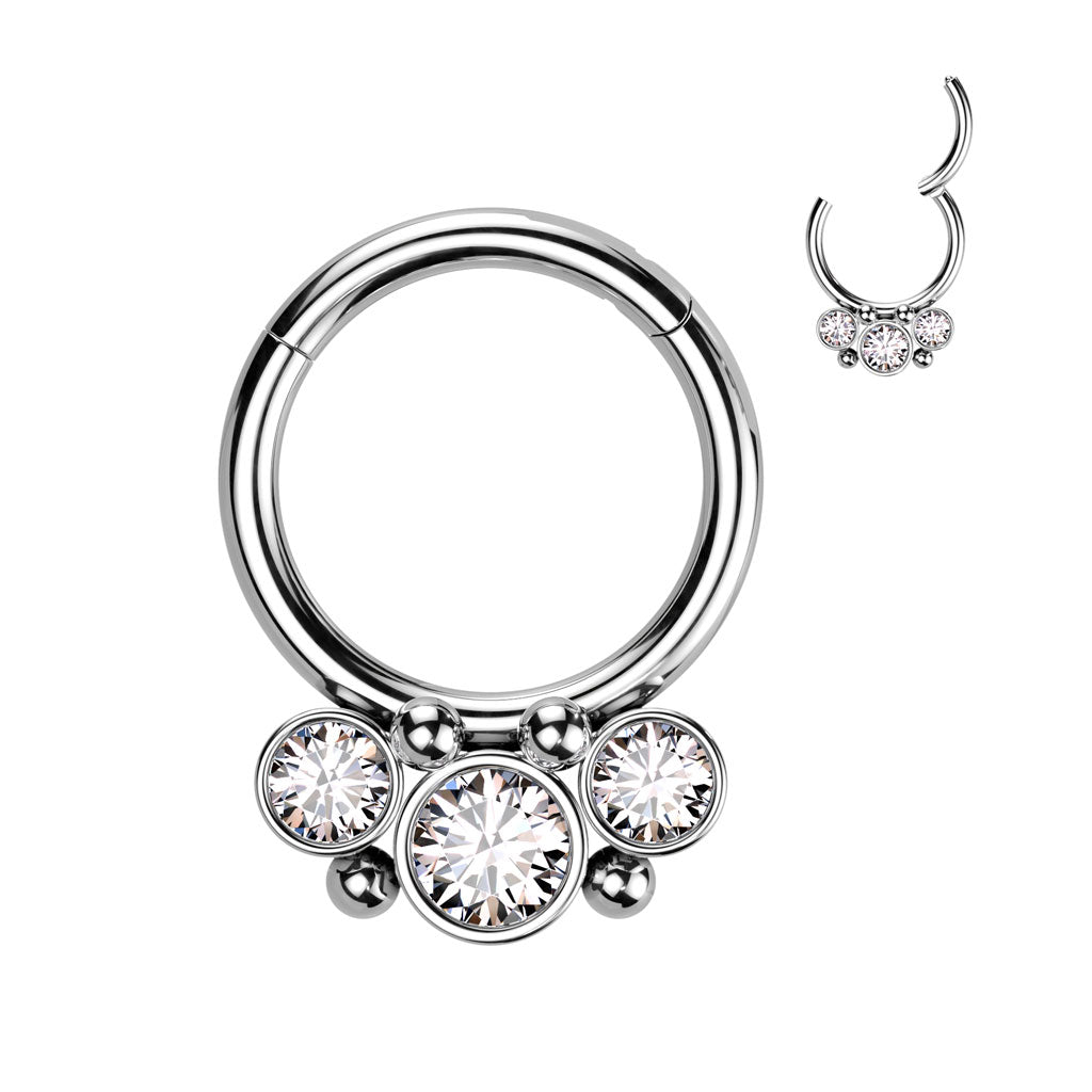 Surgical Steel Hinged Front Facing  Bezel CZ Ring w/ Micro Balls