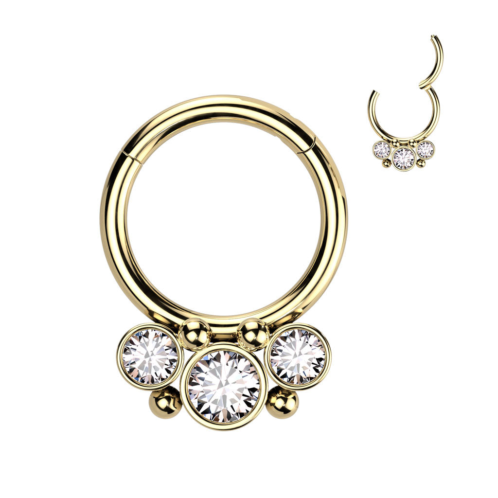 Surgical Steel Hinged Front Facing  Bezel CZ Ring w/ Micro Balls