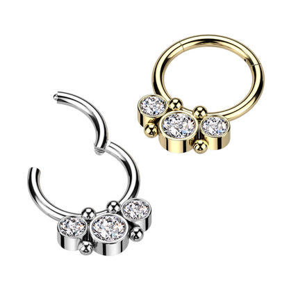 Surgical Steel Hinged Front Facing  Bezel CZ Ring w/ Micro Balls