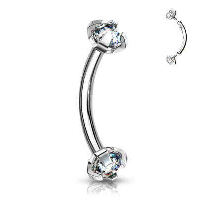 Surgical Steel Internally Threaded Curved Barbells w/ Prong Gem Ends
