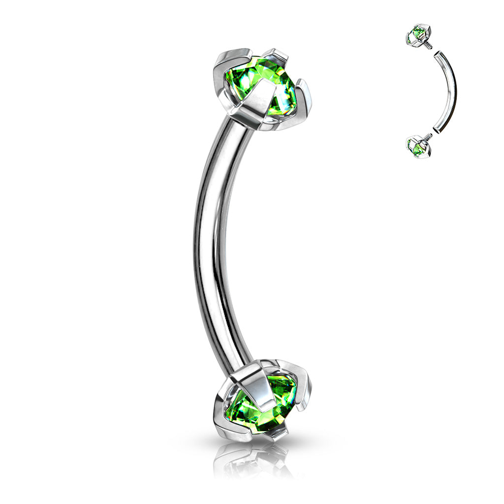 Surgical Steel Internally Threaded Curved Barbells w/ Prong Gem Ends