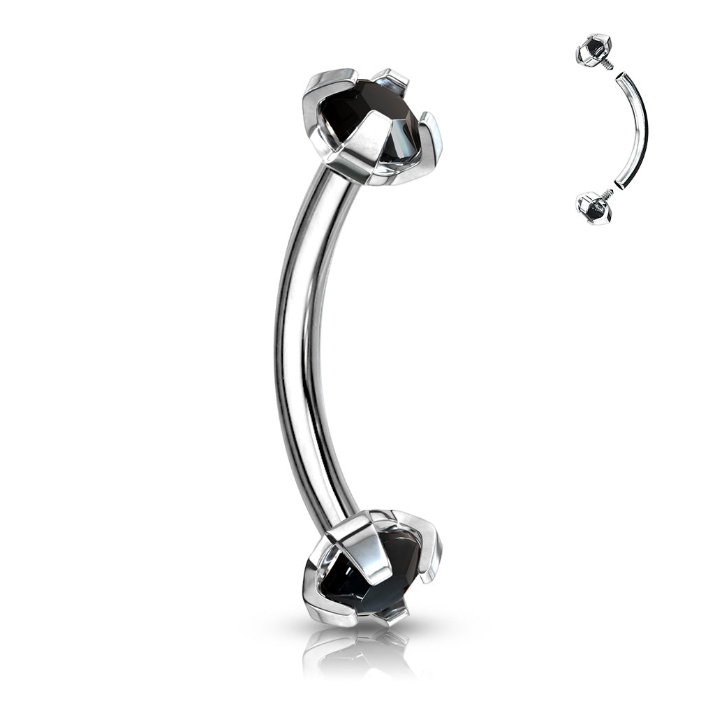 Surgical Steel Internally Threaded Curved Barbells w/ Prong Gem Ends