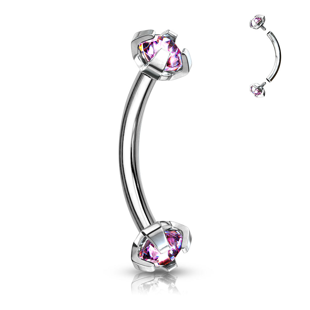 Surgical Steel Internally Threaded Curved Barbells w/ Prong Gem Ends