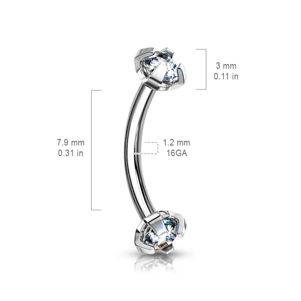 Surgical Steel Internally Threaded Curved Barbells w/ Prong Gem Ends