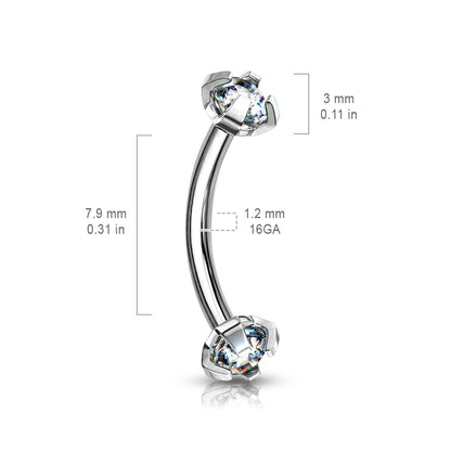 Surgical Steel Internally Threaded Curved Barbells w/ Prong Gem Ends