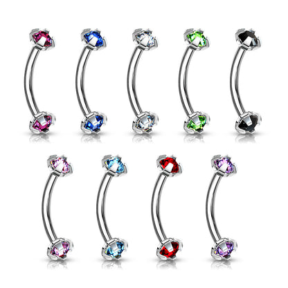 Surgical Steel Internally Threaded Curved Barbells w/ Prong Gem Ends