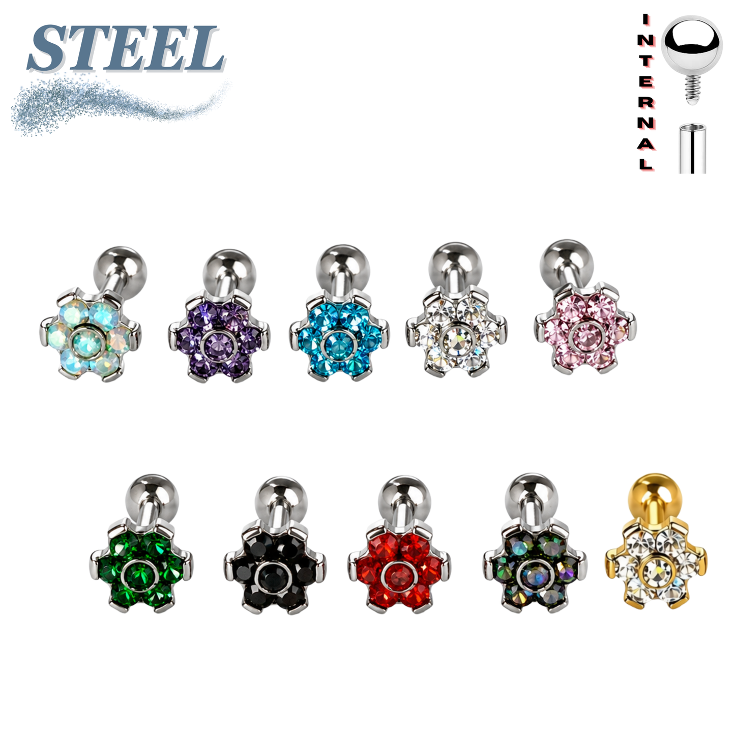 Surgical Steel Internally Threaded Labret w/ CZ Set Flower Top