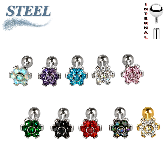 Surgical Steel Internally Threaded Labret w/ CZ Set Flower Top