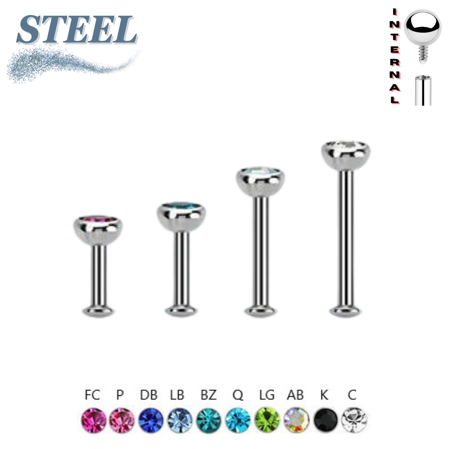 Surgical Steel Internally Threaded Labret with Bezel Gem 16G Low Profile Tops w/ Short Posts