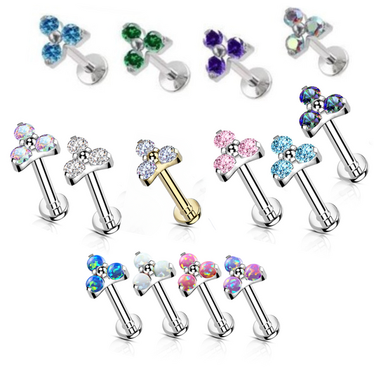 Surgical Steel Internal Thread Opal or CZ Trinity Triangle Labret