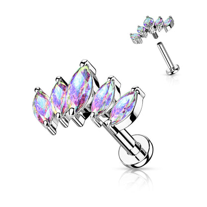 Surgical Steel/Brass Internally Threaded Labret  w/ 5 Marquise CZ Set Curve Design (CLEARANCE)