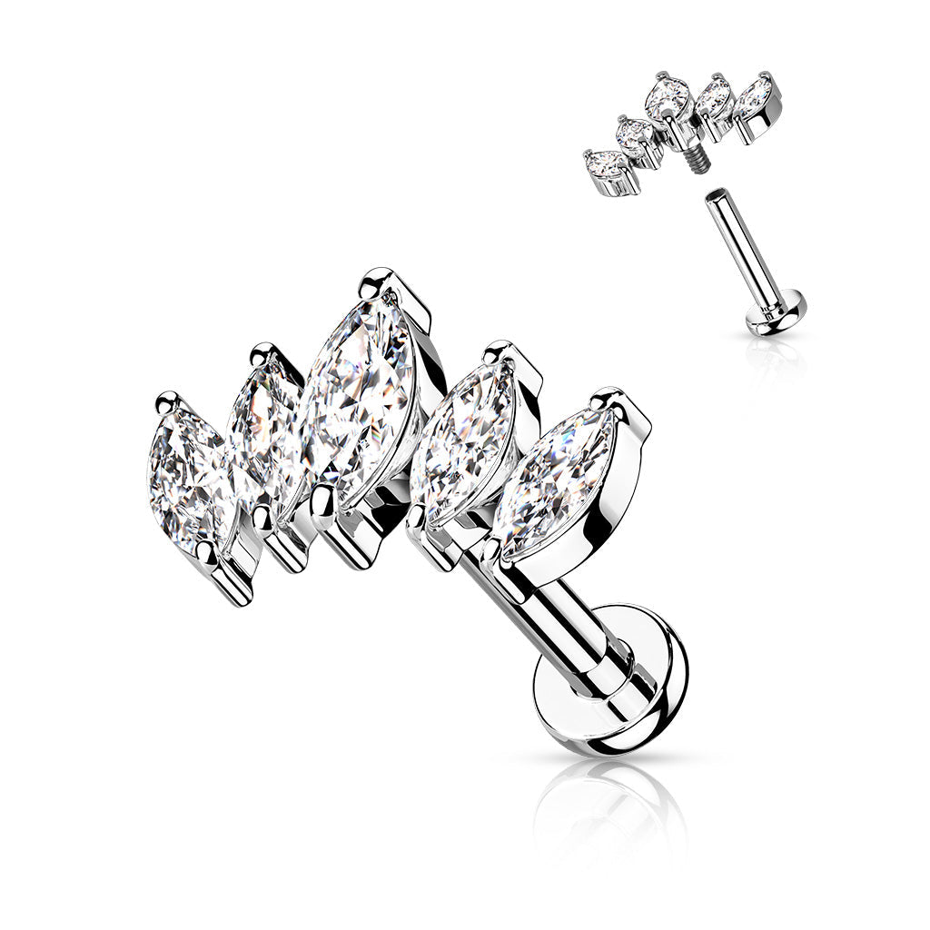 Surgical Steel/Brass Internally Threaded Labret  w/ 5 Marquise CZ Set Curve Design (CLEARANCE)
