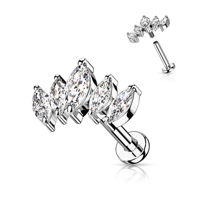 Surgical Steel/Brass Internally Threaded Labret  w/ 5 Marquise CZ Set Curve Design (CLEARANCE)