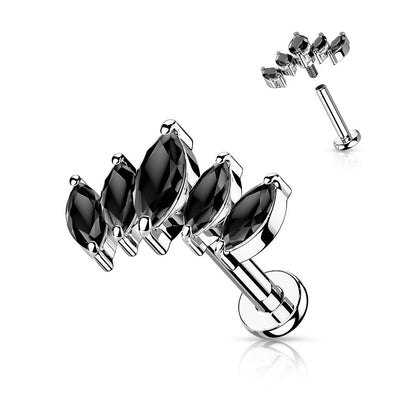 Surgical Steel/Brass Internally Threaded Labret  w/ 5 Marquise CZ Set Curve Design (CLEARANCE)