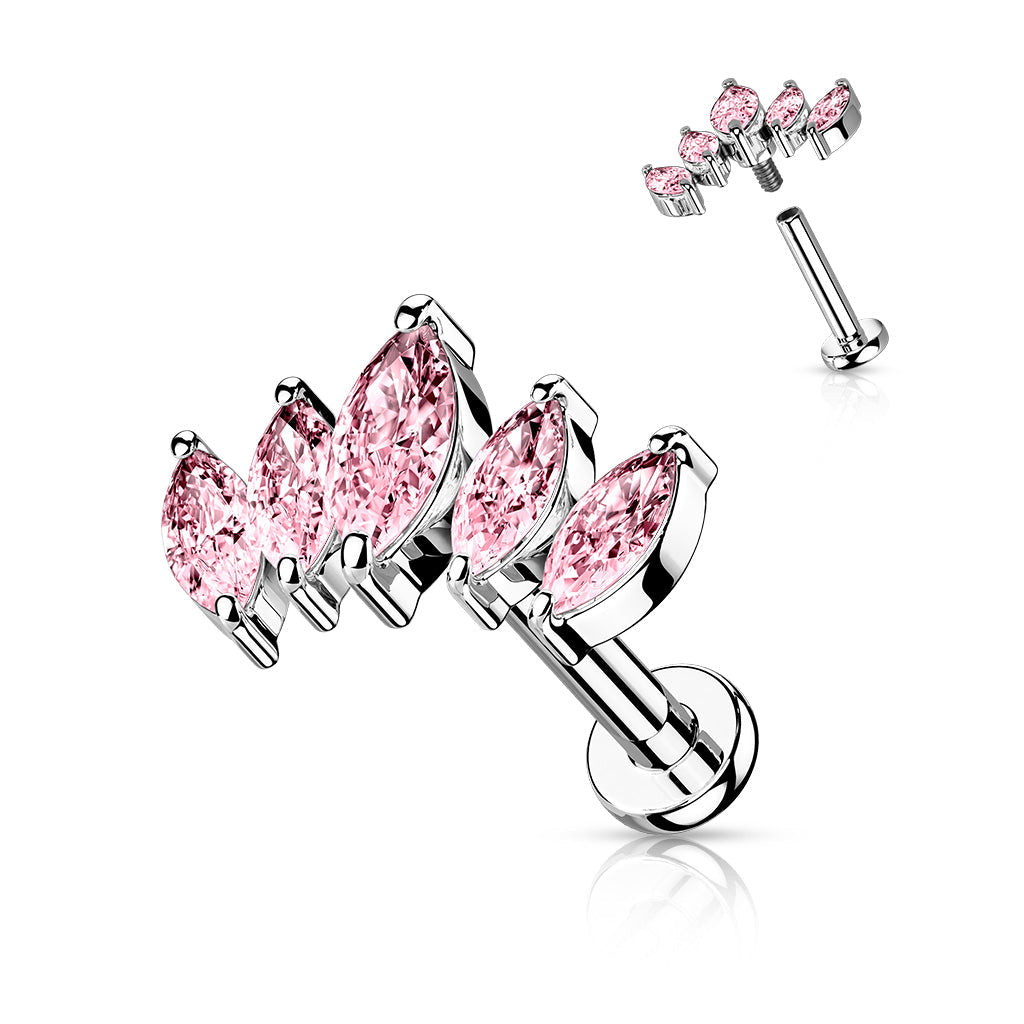 Surgical Steel/Brass Internally Threaded Labret  w/ 5 Marquise CZ Set Curve Design (CLEARANCE)
