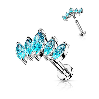 Surgical Steel/Brass Internally Threaded Labret  w/ 5 Marquise CZ Set Curve Design (CLEARANCE)