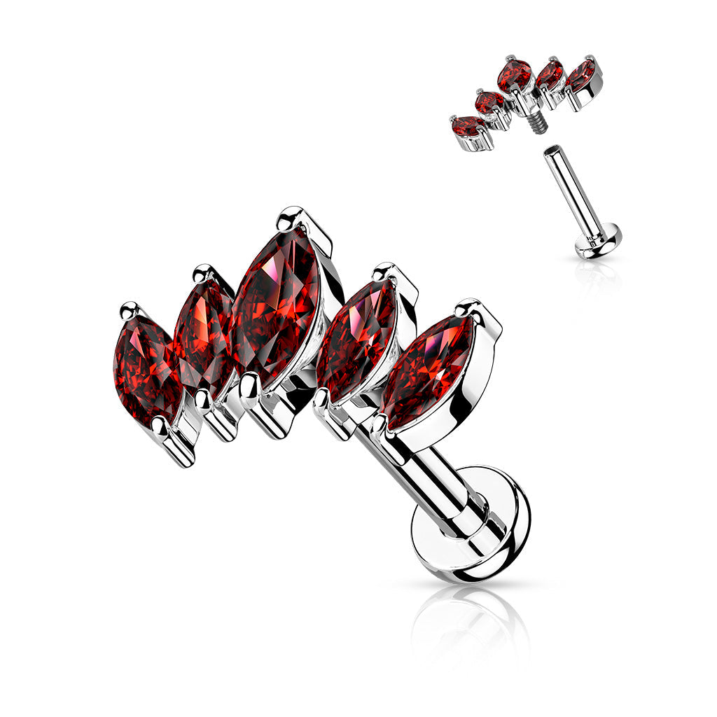 Surgical Steel/Brass Internally Threaded Labret  w/ 5 Marquise CZ Set Curve Design (CLEARANCE)
