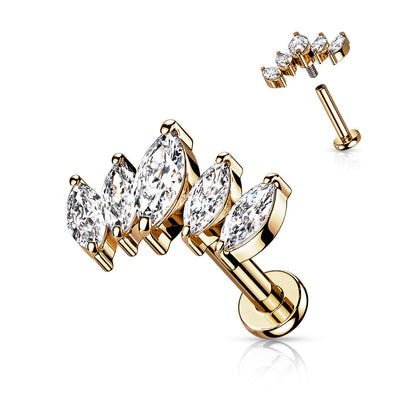 Surgical Steel/Brass Internally Threaded Labret  w/ 5 Marquise CZ Set Curve Design (CLEARANCE)