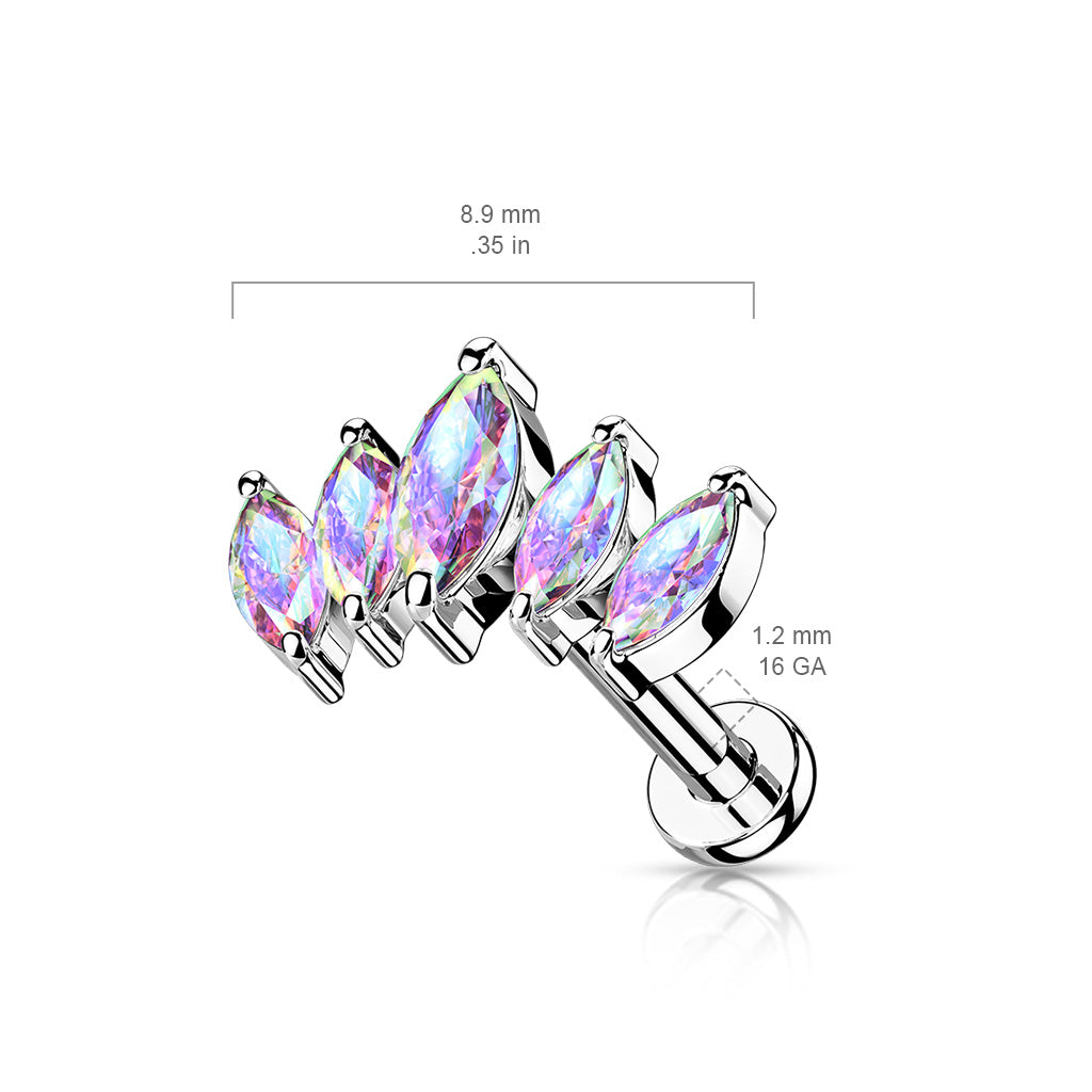 Surgical Steel/Brass Internally Threaded Labret  w/ 5 Marquise CZ Set Curve Design (CLEARANCE)