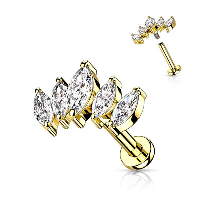 Surgical Steel/Brass Internally Threaded Labret  w/ 5 Marquise CZ Set Curve Design (CLEARANCE)