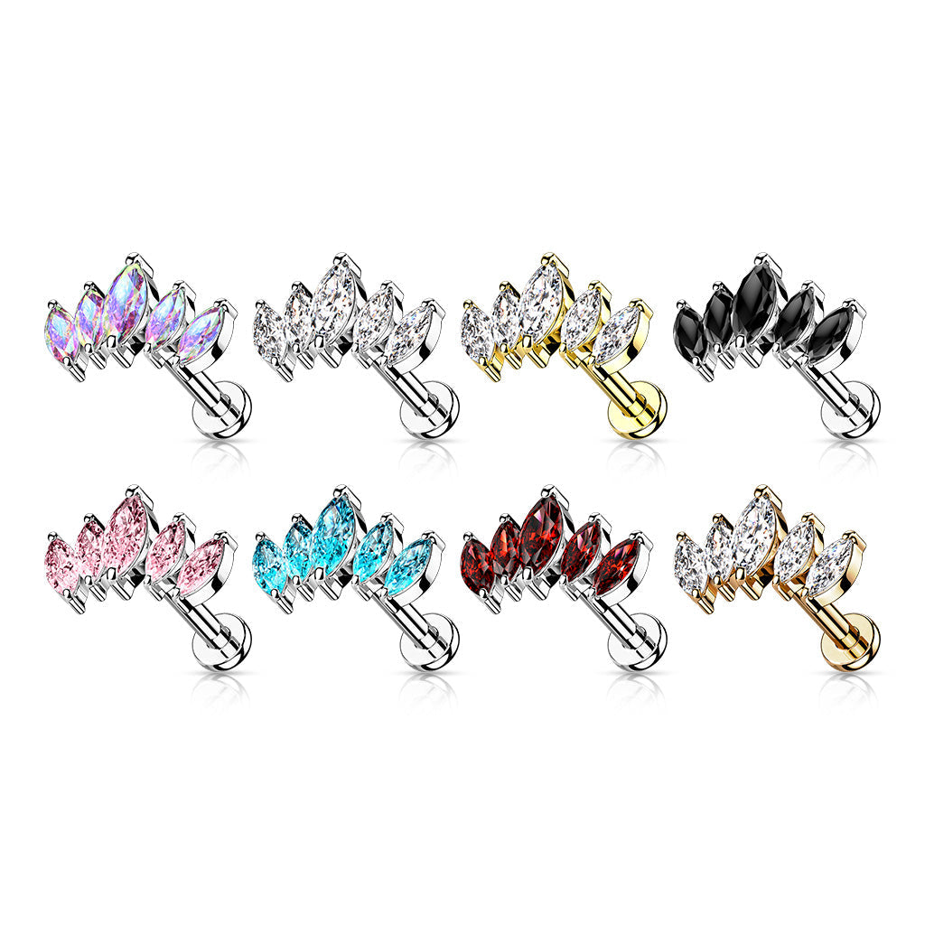 Surgical Steel/Brass Internally Threaded Labret  w/ 5 Marquise CZ Set Curve Design (CLEARANCE)