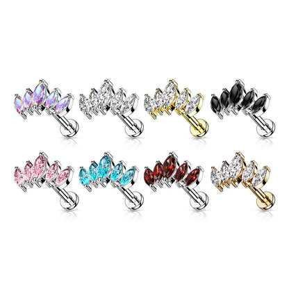 Surgical Steel/Brass Internally Threaded Labret  w/ 5 Marquise CZ Set Curve Design (CLEARANCE)