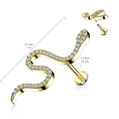 Surgical Steel/Brass CZ Paved Snake Internal Thread Labret (CLEARANCE)