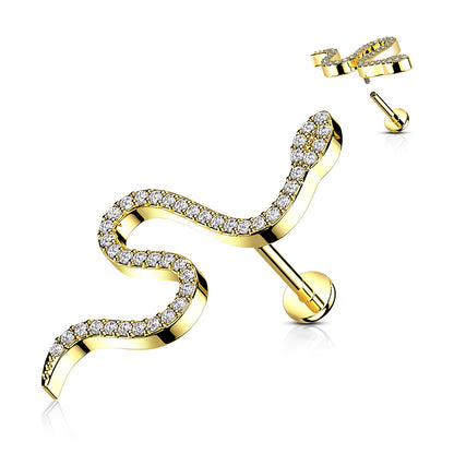 Surgical Steel/Brass CZ Paved Snake Internal Thread Labret (CLEARANCE)