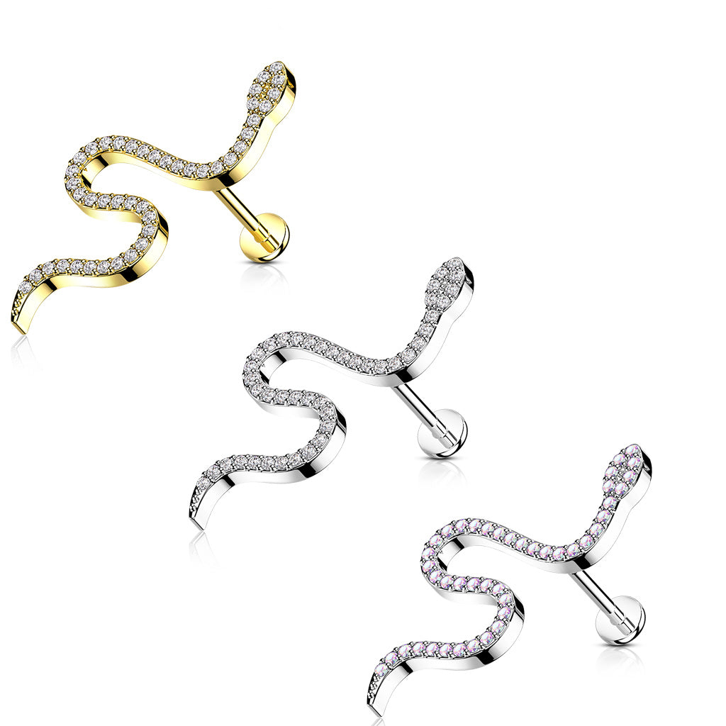 Surgical Steel/Brass CZ Paved Snake Internal Thread Labret (CLEARANCE)