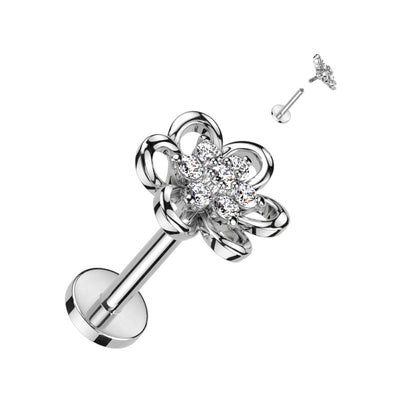 Surgical Steel Internally Threaded Labret w/ Hollow Flower w/ CZ Center