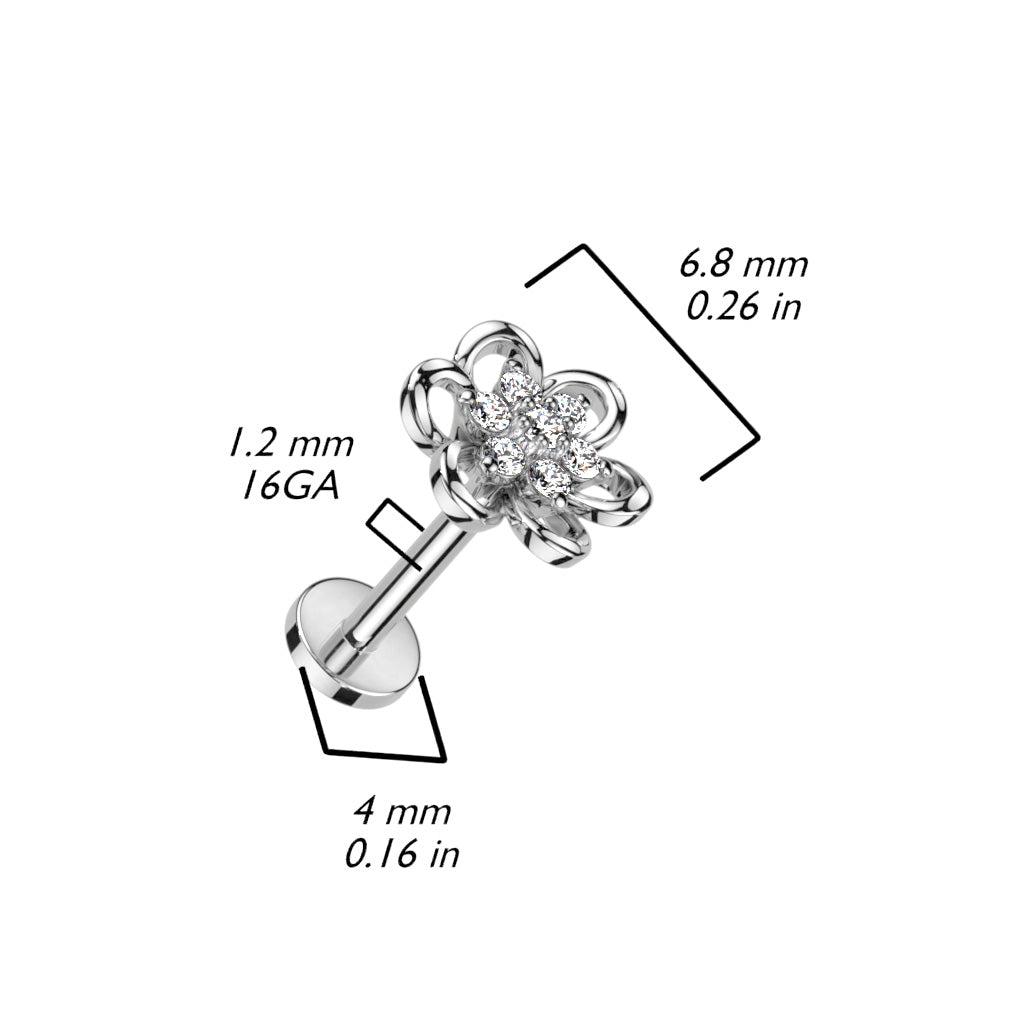 Surgical Steel Internally Threaded Labret w/ Hollow Flower w/ CZ Center