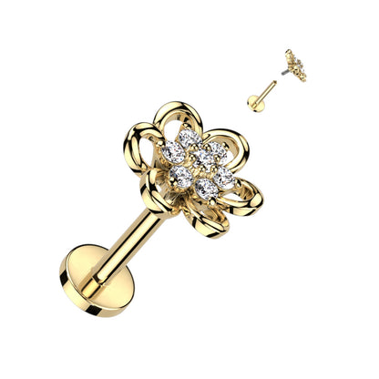 Surgical Steel Internally Threaded Labret w/ Hollow Flower w/ CZ Center