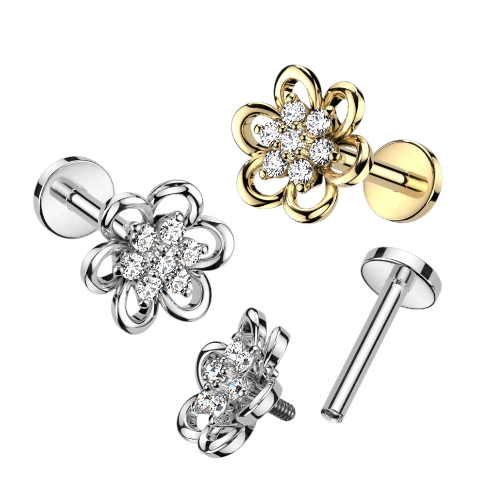 Surgical Steel Internally Threaded Labret w/ Hollow Flower w/ CZ Center
