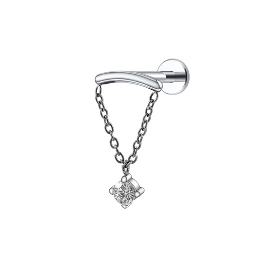 Surgical Steel Hidden Helix Round CZ Dangle on Single Chain Drape Internal Thread Labret