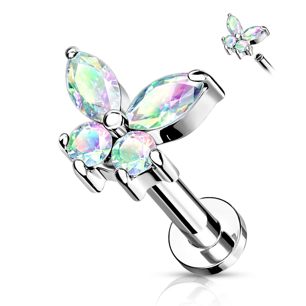 Surgical Steel/Brass Internally Threaded Labret w/ CZ Simple Butterfly (CLEARANCE)