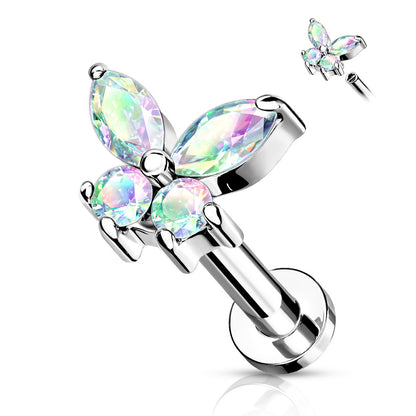 Surgical Steel/Brass Internally Threaded Labret w/ CZ Simple Butterfly (CLEARANCE)