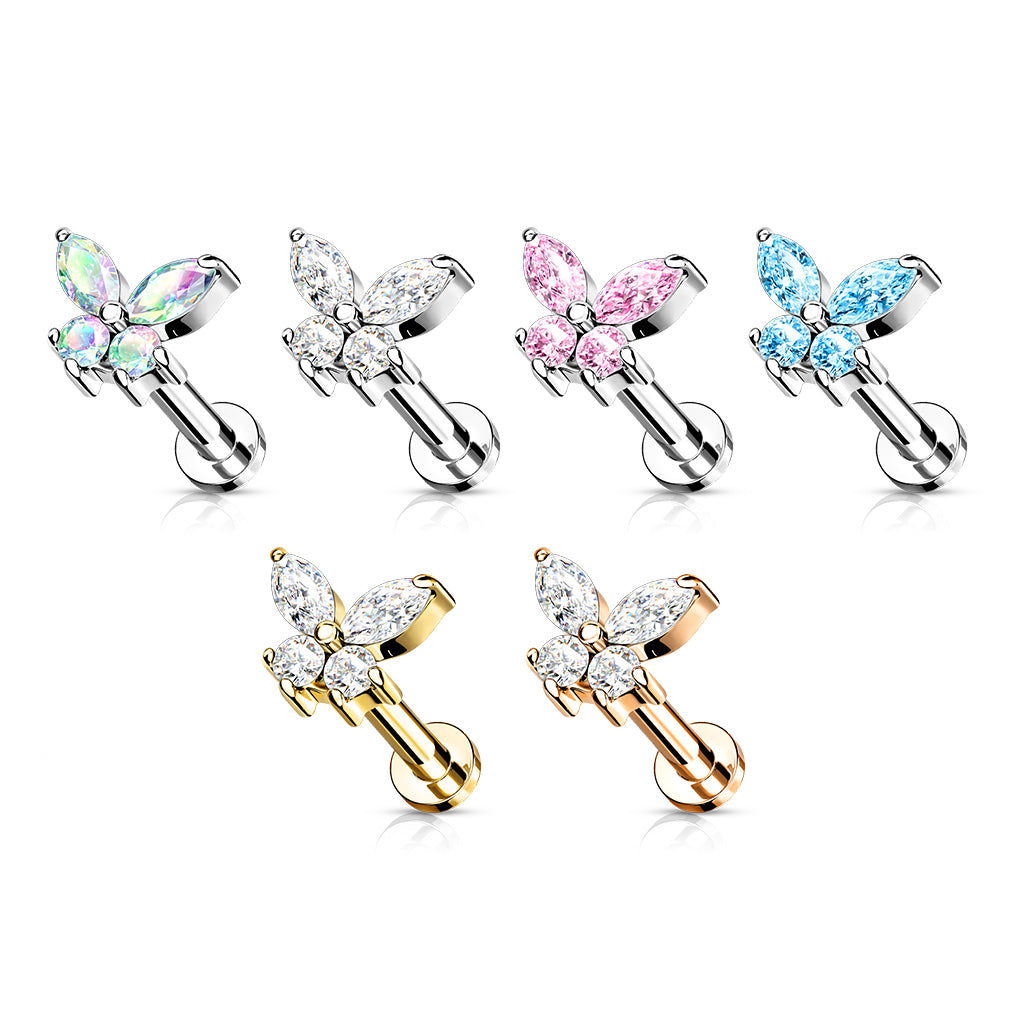 Surgical Steel/Brass Internally Threaded Labret w/ CZ Simple Butterfly (CLEARANCE)