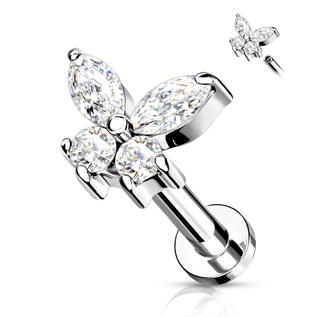 Surgical Steel/Brass Internally Threaded Labret w/ CZ Simple Butterfly (CLEARANCE)