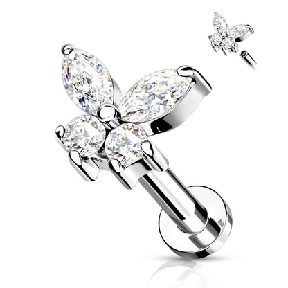 Surgical Steel/Brass Internally Threaded Labret w/ CZ Simple Butterfly (CLEARANCE)