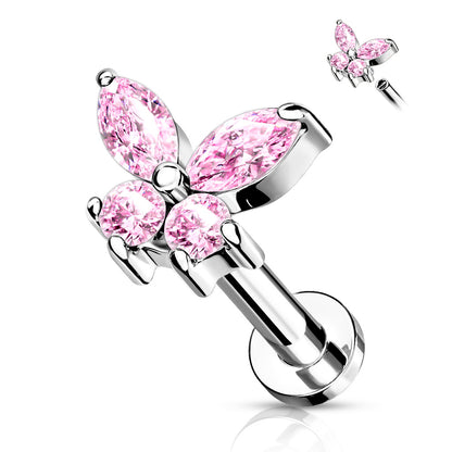 Surgical Steel/Brass Internally Threaded Labret w/ CZ Simple Butterfly (CLEARANCE)