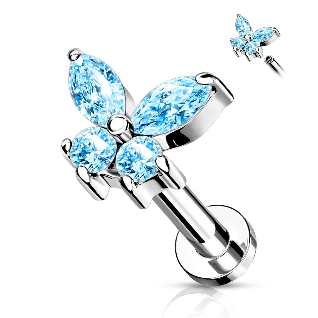 Surgical Steel/Brass Internally Threaded Labret w/ CZ Simple Butterfly (CLEARANCE)