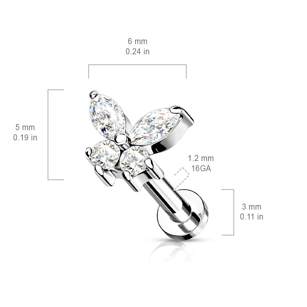 Surgical Steel/Brass Internally Threaded Labret w/ CZ Simple Butterfly (CLEARANCE)